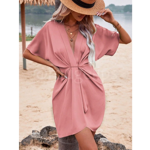 Salmon Pink Mini Dress Ruched, Batwing Sleeve Faux Wrap Pleated - Picture 4 of 8